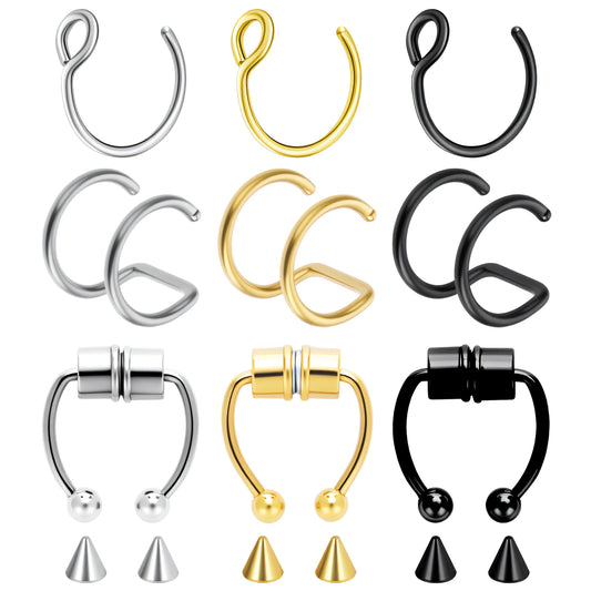 HekouJiub 9Pcs Fake Nose Piercing Stainless Steel Magnetic Nose Ring Fake Septum Ring Hoop Clip on Faux Nose Rings Fake Piercing Non-Pierced Jewelry for Women