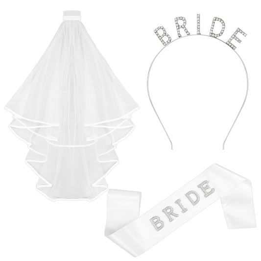 Bride Headband and Sash Veil set, Rhinestone Pearl Bridal Sash and Headband, White Bridal Veil Headpiece for Bachelor/Bachelorette Party Decorations, Bridals Shower Decorations, Wedding Favors
