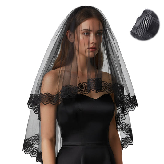Gemoioio Black Lace Veil, 2 Tiers Short Wedding Veil, Embroidered Floral Edge Tulle Gothic Black Veils Brides with Comb for Women Bride Bridal Shower Halloween