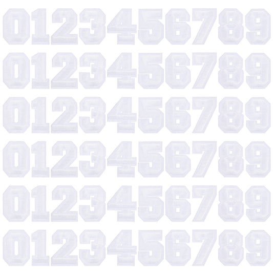 60 pcs Iron on Numbers, Number Patch 0-9 Numbers Decorative Patch Sewing Embroidery Applique Patches for Jeans Hats Jackets Backpacks Shirts Bags(White)