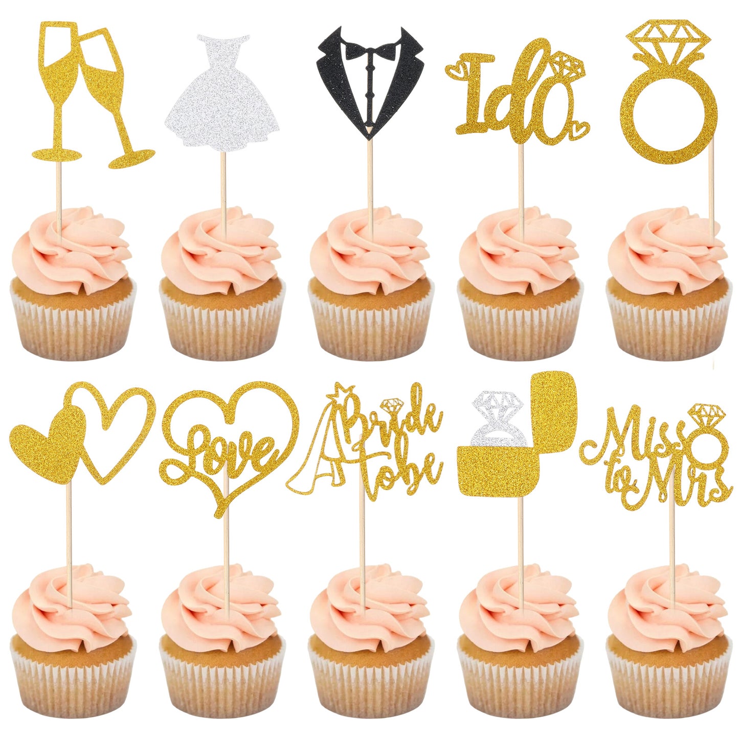 30Pcs Wedding Cupcake Toppers - Glitter Engagement Cupcake Toppers for Engagement Bridal Shower Party Supplies (Gold)
