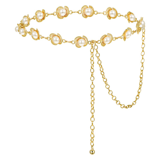 Yolev Flower Gold Waist Chain Adjustable Metal Chain Belt With Pearl Retro Gold Hip Chain for Women Dress Party Carnival Halloween Body Belly Belt