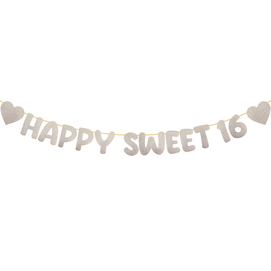 Happy Sweet 16 Banner, Wall Mount Sixteenth Birthday Glitter Banner Champagne Gold Pre-Strung Design Birthday Party Decorations