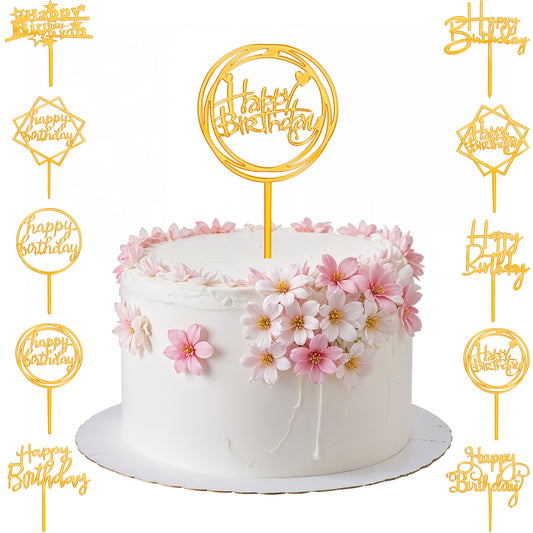 10Pcs Acrylic Happy Birthday Cake Topper Gold Happy Birthday Cake Toppers Side Mirror Gold Acrylic Happy Birthday Signs for Cakes Happy Birthday Cake Decorations Cake Inserts Cake Decor Supplies