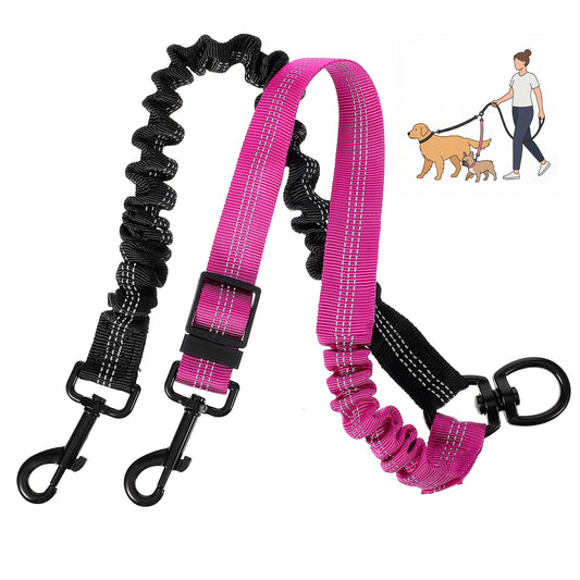 Double Dog Leash, 2 in 1 Elasticity Dog Leash for 2 Dogs, 360° Swivel Anti-winding Walking Training Leashes for Different Size Dogs, Comfortable Shock Absorbing Bungee(Black and Rose Red)
