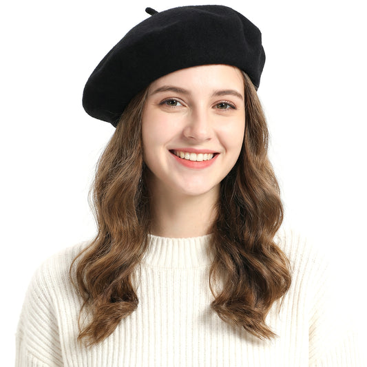 Lusofie Black Beret hat for Women - Vintage Classic French Berets for Women for Autumn and Winter - Solid Black Wool French Hats