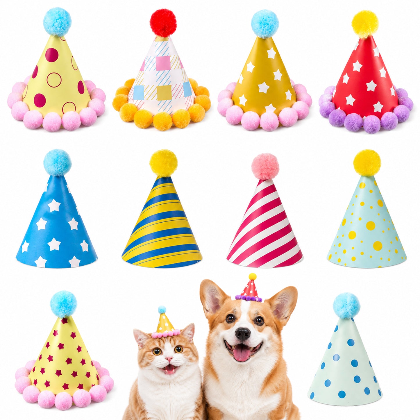 10pcs Colorful Mini Party Hats, Cute Party Hats for Stuffed Animals with Pom Poms for Kittens Rabbits Dogs and Stuffed Animals, Adjustable Cone Hat for Birthdays and Celebrations