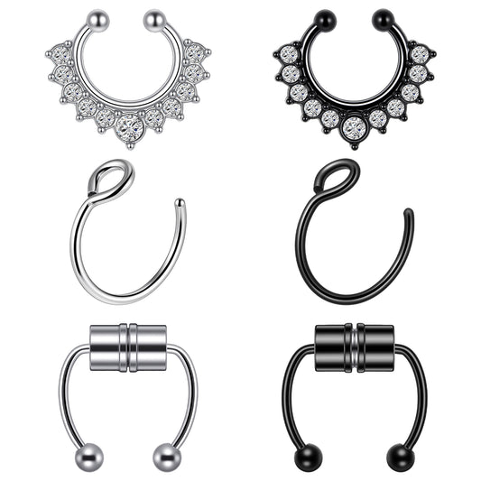 HekouJiub 6 Pcs Fake Nose Ring Hoop Faux Septum Piercings 20G Magnetic Nose Piercing for Women Stainless Steel Stud Non Pierced Clip-on Septum Ring Lip Piercings Jewelry for Women Men
