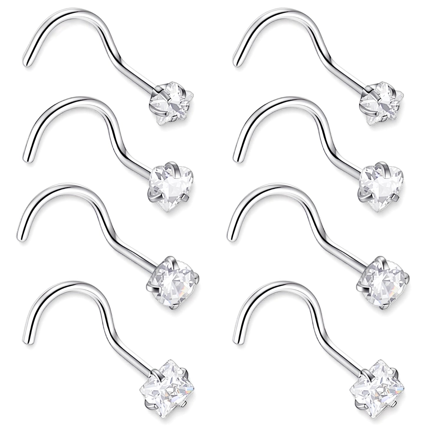 HekouJiub 8 PCS Nose Stud Piercing Silver Nose Studs, 20G Stainless Steel Corkscrew Stud Piercings, 7 mm Small Size Studs Daily Wear Party Dating Piercing Jewellery Accessories for Women Men