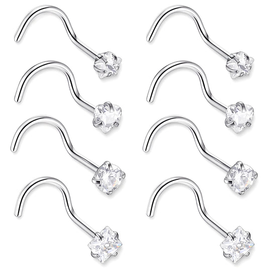 HekouJiub 8 PCS Nose Stud Piercing Silver Nose Studs, 20G Stainless Steel Corkscrew Stud Piercings, 7 mm Small Size Studs Daily Wear Party Dating Piercing Jewellery Accessories for Women Men