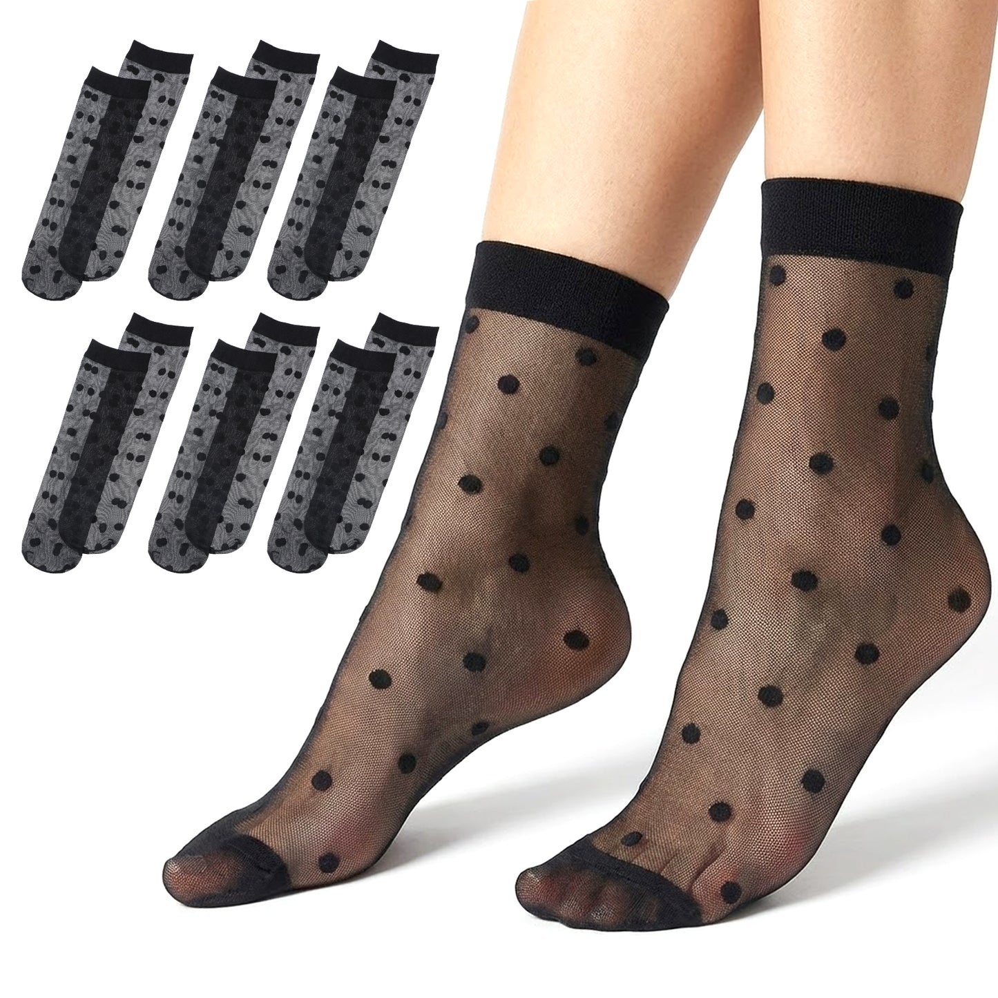 Tucnoeu 5 Pairs Women Sheer Ankle Socks, Black Sheer Polka Dot Socks, Thin Soft Reinforced Toes Stretchy Breathable Nylon Sock Mesh Dress Sock for Everyday Comfort