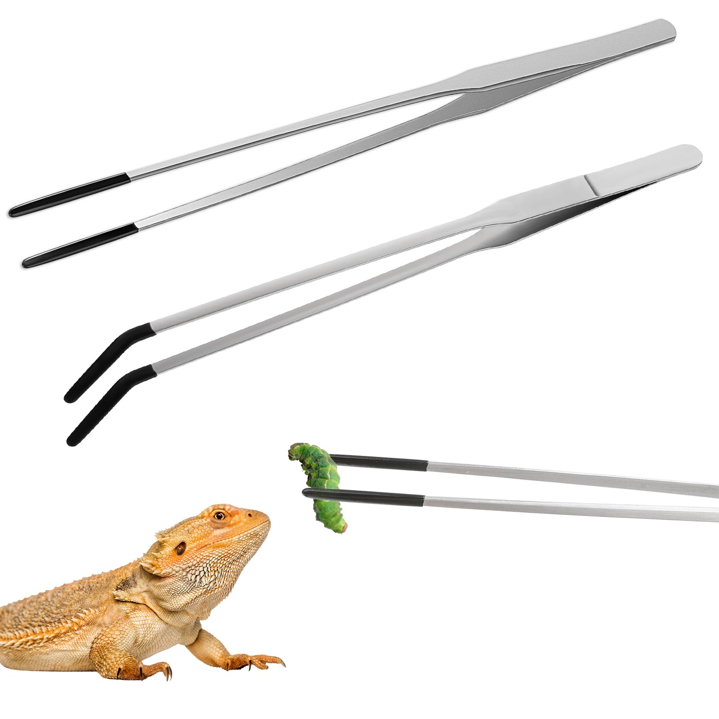 Lusofie Long Tweezers With Rubber Tip Stainless Steel Reptile Feeding Tongs Bearded Dragon Straight And Curved Aquarium Tweezers Feeding Tools For Reptiles Snakes Fish (2 Pcs)