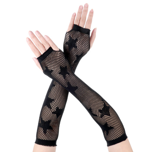 Yolev Fishnet Gloves Fingerless Five-Pointed Star Gloves Long Fishnet Arm Sleeves Black Mesh Gloves for Women Cosplay Punk 80s Emo Party Halloween Costume Scene Accessories