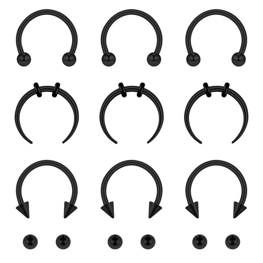 9PCS Septum Rings Stainless Steel Septum Nose Rings for Women Man Eyebrow Helix Cartilage Horseshoe Nose Ring with Replacement Ball Black Piercing Jewelry 10mm