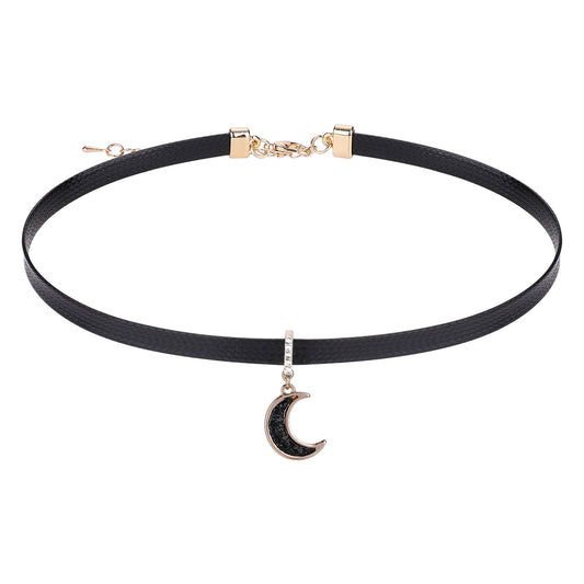 Telooco Leather Choker Black Moon Necklace Vintage Gothic Choker with Moon Pendant Adjustable 90s Necklace Goth Jewelry for Women