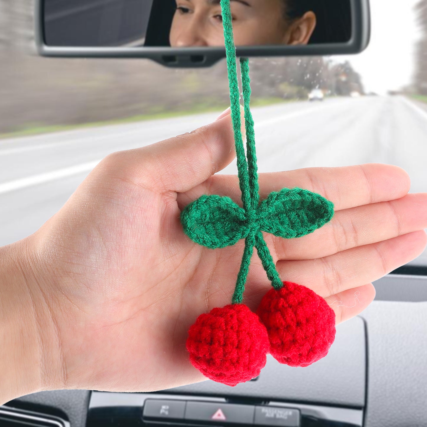 Tucnoeu Car Rear View Mirror Hanging Accessory, Cute Cherry Car Accessories, Crochet Car Decor, Hand Knitted Car Mirror Hanger