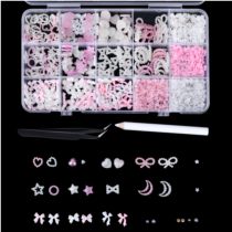 1000pcs 3D Bow Charms for Nails Assorted Nail Bows Flatback Pearl Heart Star Moon Bow Nail Charms Cute Nail Gems with Tweezer Picker Tools for Nail Decor(Pink)