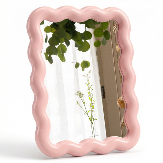 HekouJiub Pink Mirror, 6.9 * 5.3 Inch Small Mirror for Desk, Wave Shaped Personal Mirrors, Portable Folding Mirrors for Standing Hanging for Women, Offices And Bedrooms
