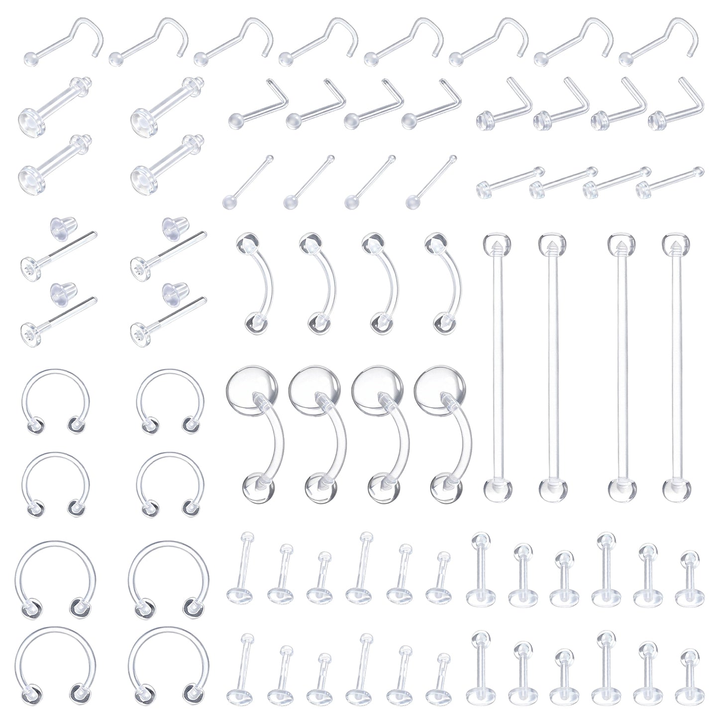 Tucnoeu 76 Pcs Clear Piercing Retainer, Bioflex Nose Rings Septum Cartilage Rook, Nose Septum Eyebrow Lip Labret Piercing Retainer, Plastic Industrial Barbell Jewelry for Surgery, Sports, Work