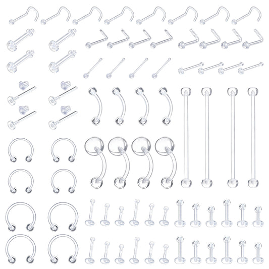 Tucnoeu 76 Pcs Clear Piercing Retainer, Bioflex Nose Rings Septum Cartilage Rook, Nose Septum Eyebrow Lip Labret Piercing Retainer, Plastic Industrial Barbell Jewelry for Surgery, Sports, Work