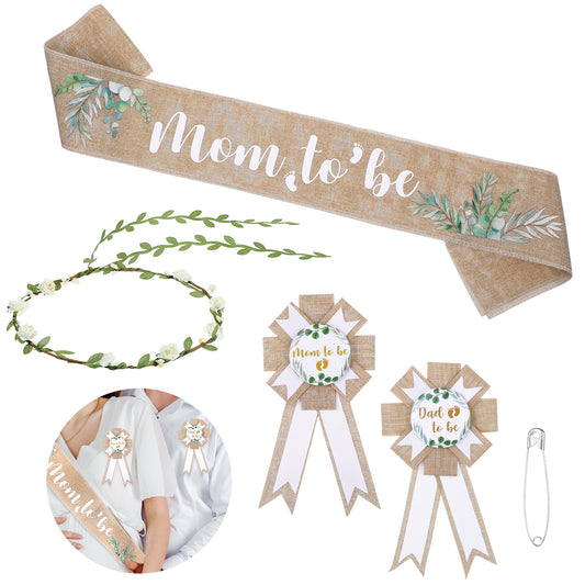 Yolev Linen Mommy to Be Sash Wreath Set Baby Shower Decorations Burlap Mom to Be Sash Dad to Be Pin Baby Shower Sash for Pregnant Mommy Gift Party Decorations