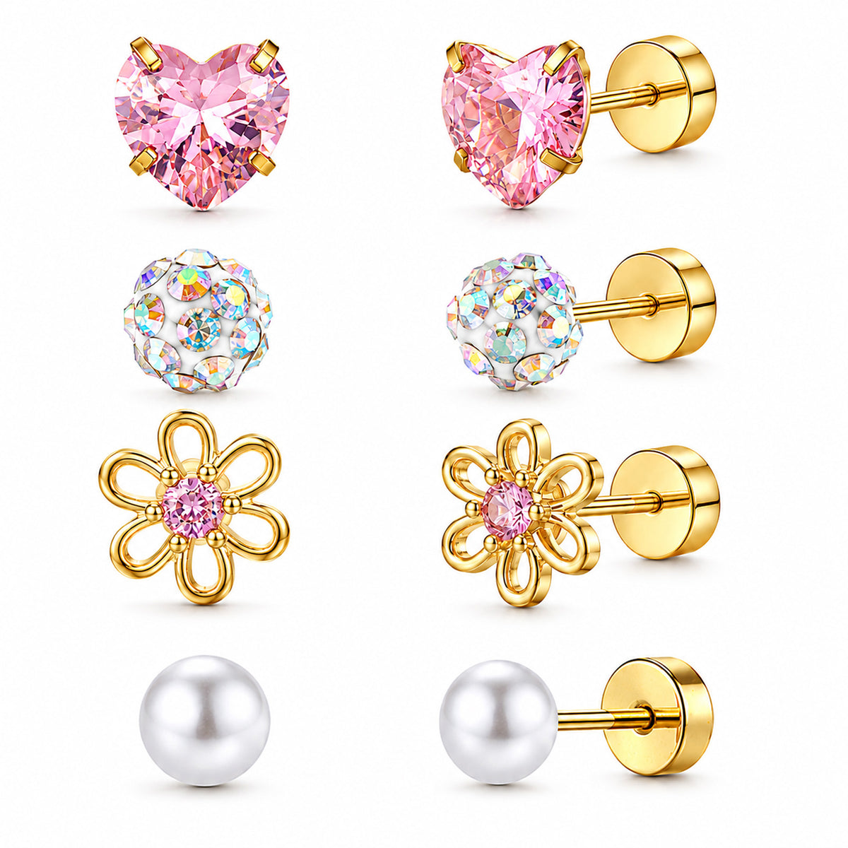 4Pairs Flat Back Earrings for Women Stainless Steel Heart Flower Pearl Stud