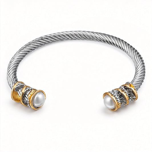 Gemoioio Stainless Steel Twisted Cable Bracelet with Composite Pearl Cuff