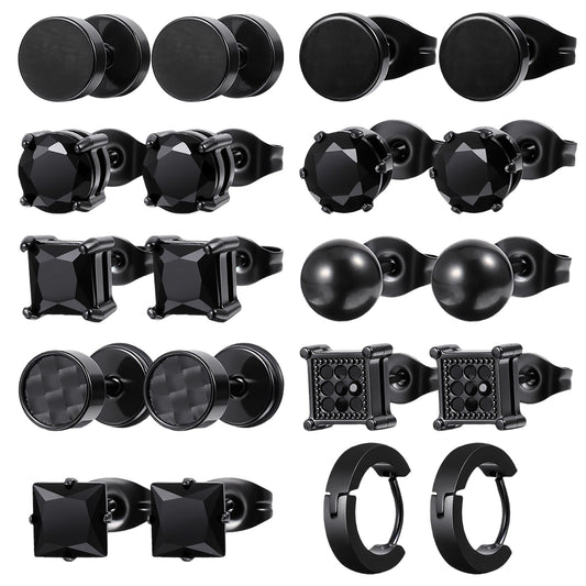 10 Pairs Black Stud Earrings for Men, Stainless Steel Fake Gauge Earrings, Flat Back Anti-sensitive Black Earring for Men and Women, Earring Gift Set (18G)