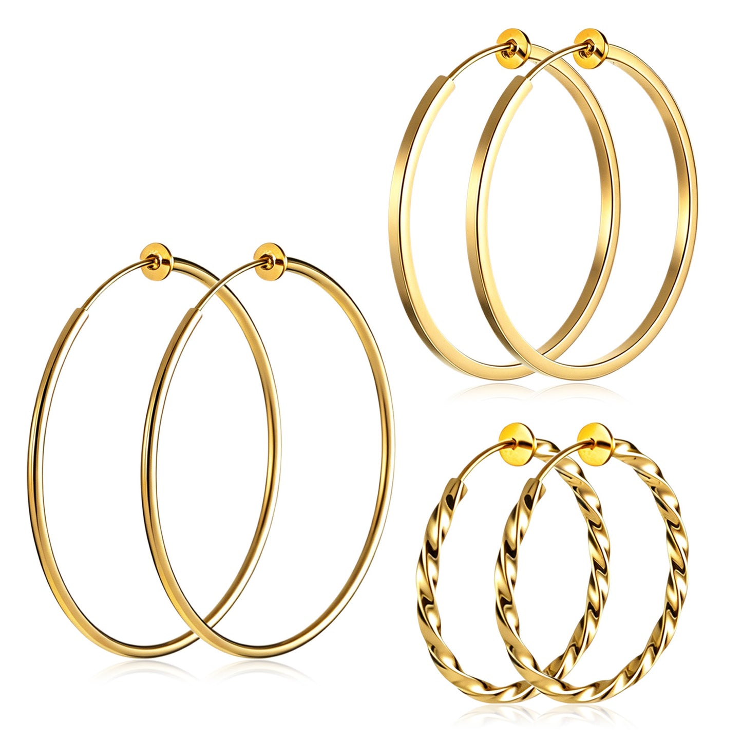 3Pairs Clip on Hoop Earrings for Women, Large Clip on Gold Earrings, Stainless Steel Non Pierced Earring Fake Hoop Earring