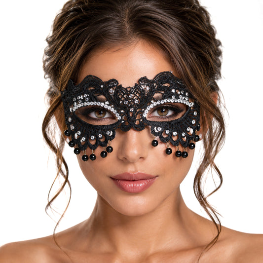 Black Masquerade Mask, Lace Mask with Pearl Halloween Women's Costume Masks