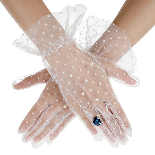 White Polka Dot & Pearl Sheer Mesh Gloves for Women, Vintage 50s 60s Tea Party Wrist Gloves with Ruffle Trim, Coquette Aesthetic Bridal Wedding Accessories for Prom, Halloween Costume & Photoshoot
