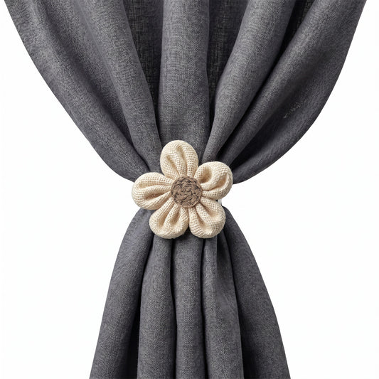 Curtain Tiebacks Clips, 2 Pack Flower Tie Backs for Curtains, Boho Curtain Holdbacks Clamps for Bedroom Window Decor, Beige