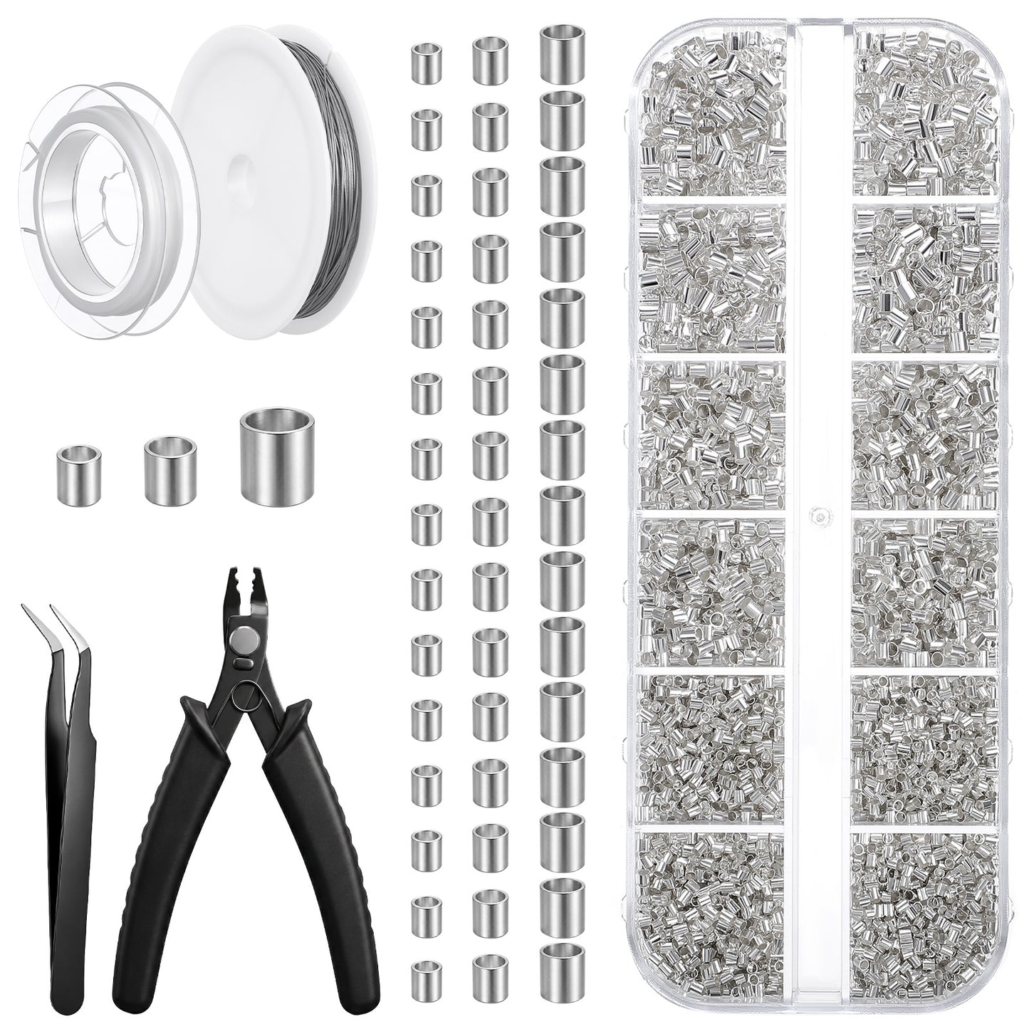 4160pcs Crimp Beads Kit for Jewelry Making, 3 Sizes Silver Tube Bead with Wire and Tools, DIY Spacer Beads for Bracelets and Necklaces
