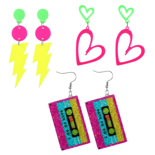 HekouJiub 3 Pairs 80s Neon Earrings Hollow Lightning Hoop Earrings for Women Acrylic Halloween Punk Retro Earring Neon Jewelry for Women 80's 90's Party Accessories Christmas Carnival