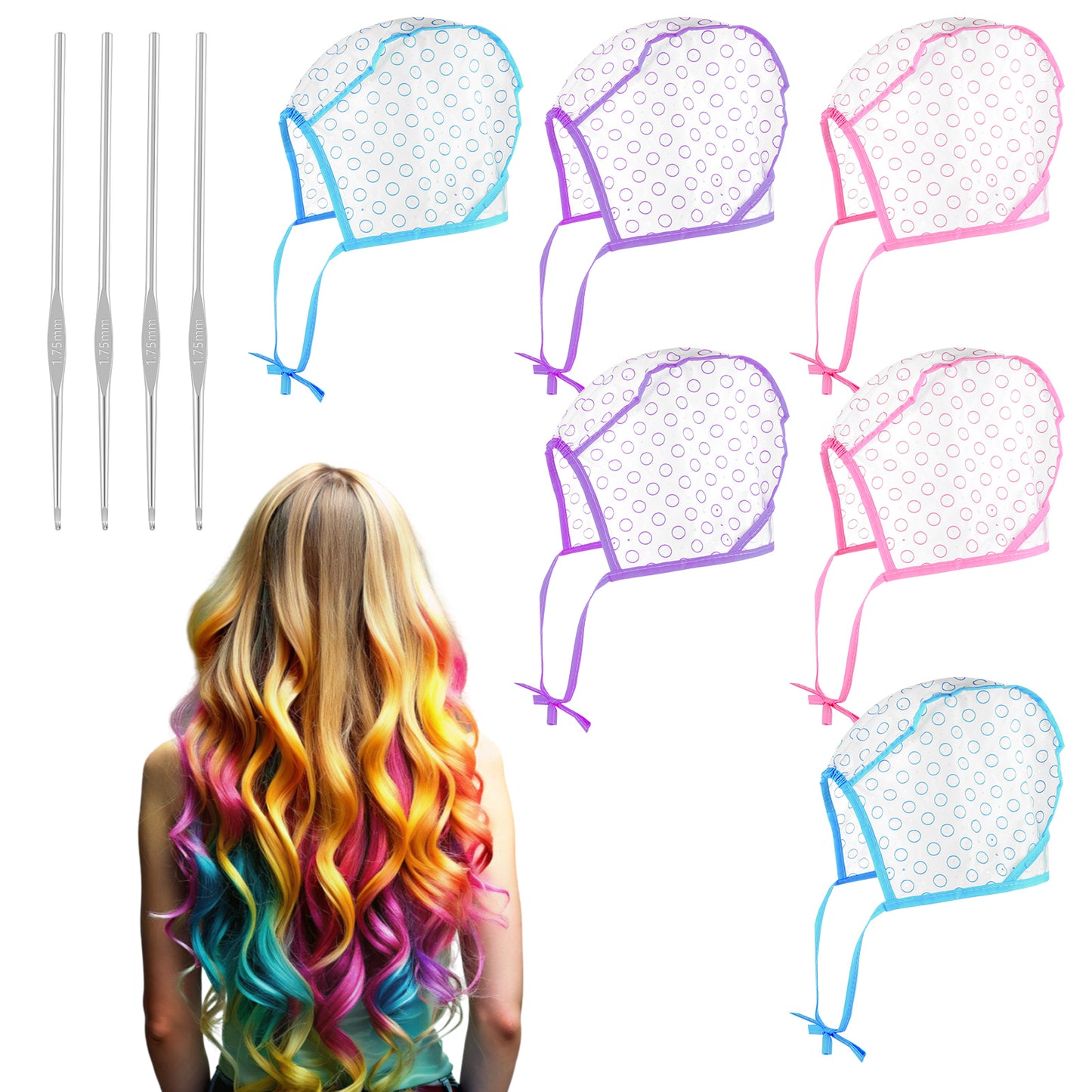 6 Pcs Plastic Hair Highlight Cap Highlight Caps for Hair Disposable Tipping Cap with 4 Pcs Hair Needles Crochet Hooks Hair Dye Cap for Barber Shop Dyeing Hair (Blue Purple Pink)