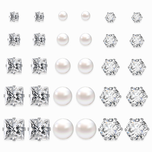 CZ Stud Earrings Set Cubic 925 Sterling Silver Pearl Zirconia Stud Earrings