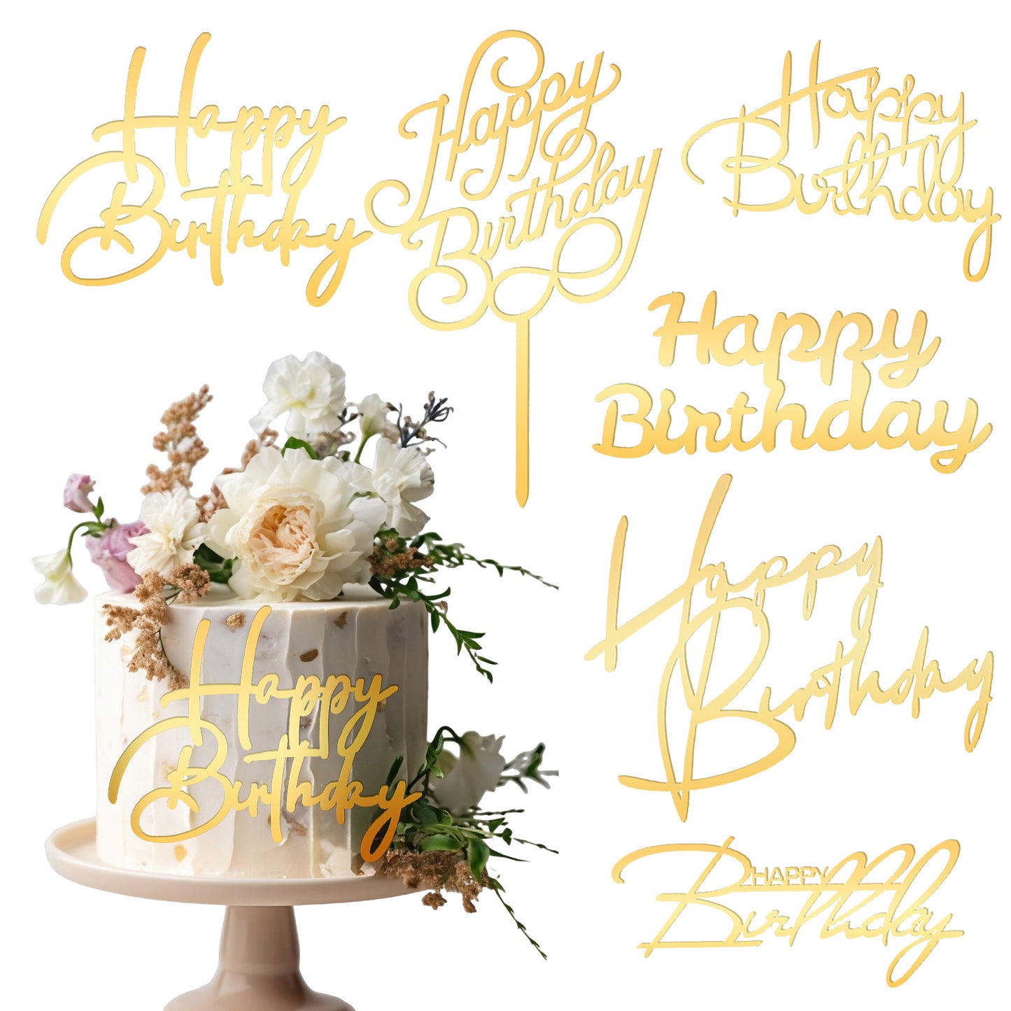 6 Pcs Gold Happy Birthday Cake Topper Side Mirror Acrylic Cake Decorations Sign Inserts for DIY Birthday Cakes Decor Party Anniversary Supplies