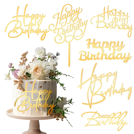 6 Pcs Gold Happy Birthday Cake Topper Side Mirror Acrylic Cake Decorations Sign Inserts for DIY Birthday Cakes Decor Party Anniversary Supplies