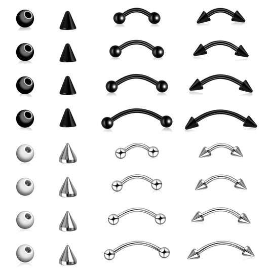 HekouJiub 16Pcs Eyebrow Piercing Jewelry Stainless Steel Eyebrow Rings 16G Curved Barbell Vertical Labret Lip Jewelry Ear Rook Piercing Rings for Women Men (Steel, Black)