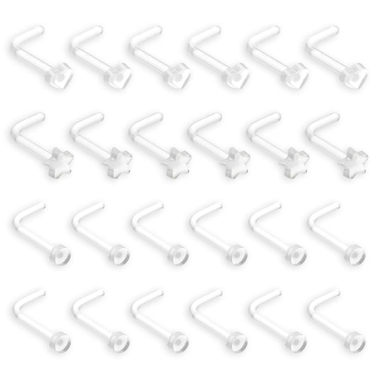 Josojoou 18G Clear Nose Studs 24Pcs L Shaped Plastic Nose Stud 3 Styles Invisible Nostril Piercing Spacers Clear Piercing Retainer Nose Piercing Jewelry for Work Surgery Sport School