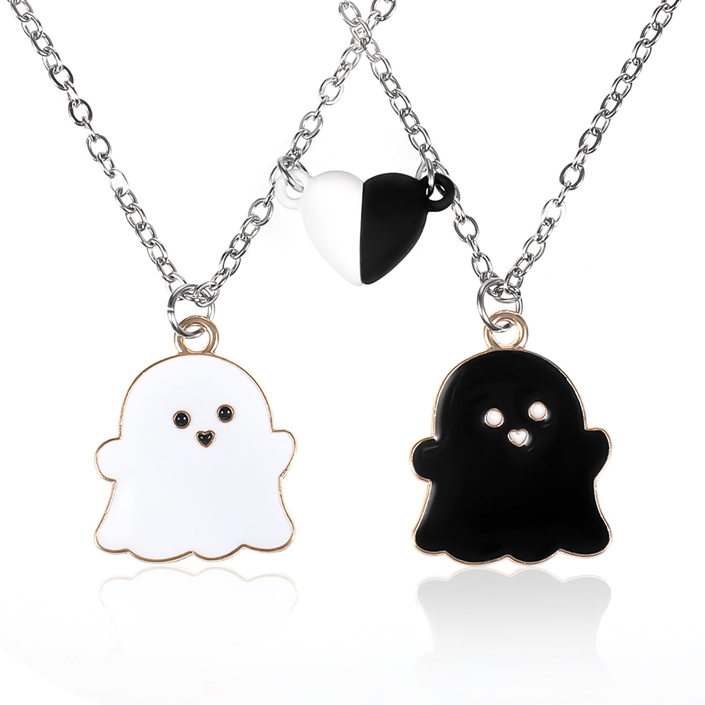 Telooco 2 Pcs Love Ghost Pendant Magnetic Necklace, Enamel Mutual Attraction Magnet Best Friend Necklace, Halloween Jewelry Party Birthday Gift for Girls (Black, White)