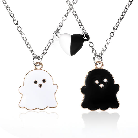 Telooco 2 Pcs Love Ghost Pendant Magnetic Necklace, Enamel Mutual Attraction Magnet Best Friend Necklace, Halloween Jewelry Party Birthday Gift for Girls (Black, White)