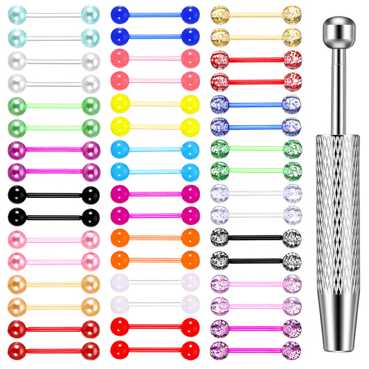 DIVINA VITAE 48Pcs 14G Flexible Acrylic Straight Tongue Ring Barbell for Women Candy Color Tongue Piercing Jewelry 14mm Bar, Piercing Ball Grabber Set