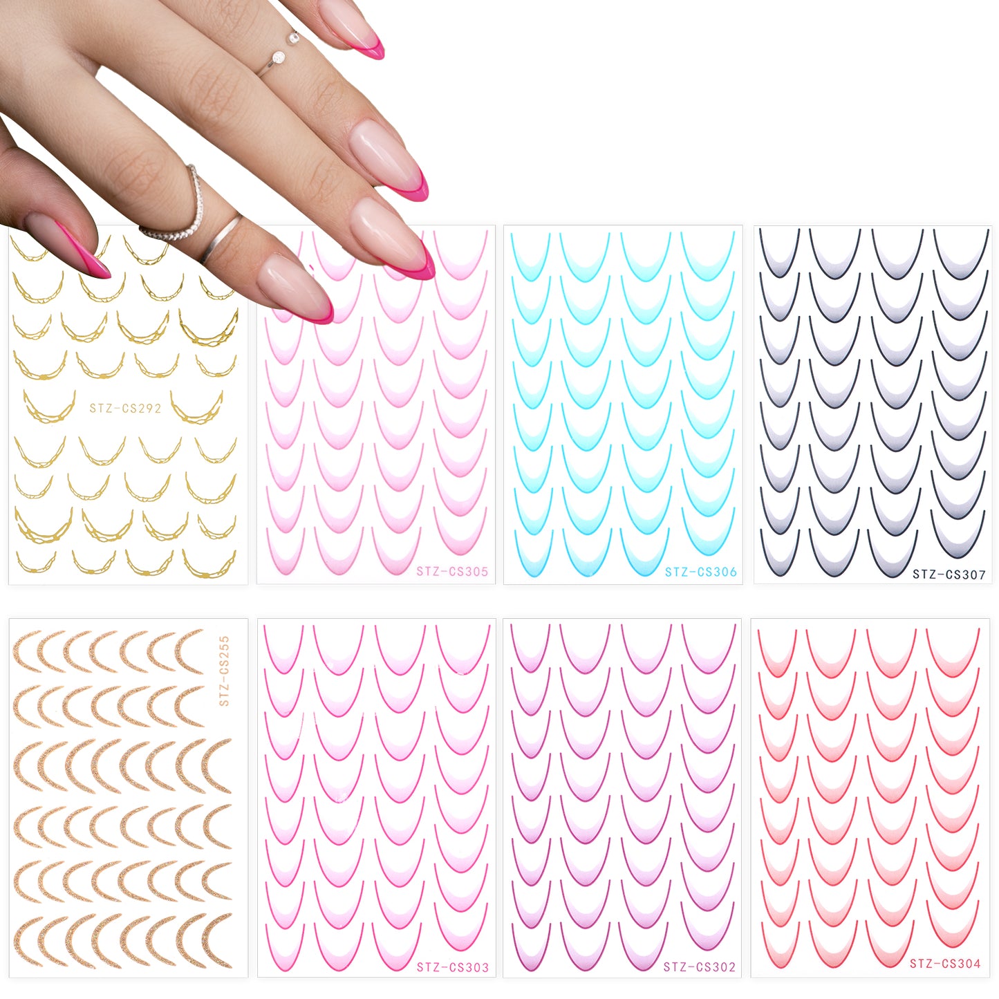8 Sheets Gradient French Line Nail Stickers, Colorful Stripes Line Decals, French Nail Sticker,Nail Design Stickers,3D Self-Adhesive Nails Stickers.