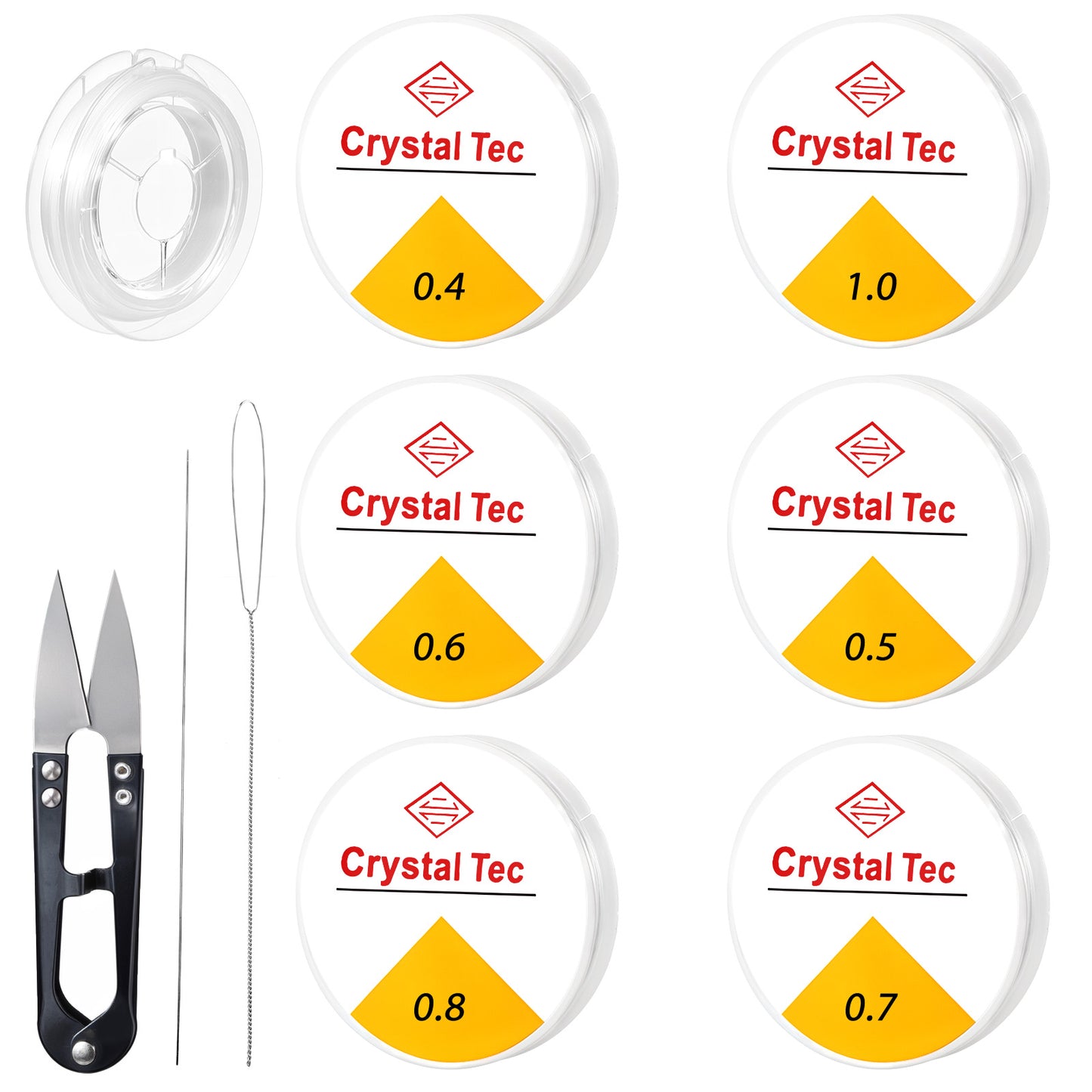 Elastic Bracelet String Cord 6 Rolls Clear String for Bracelets Crystal Invisible String 0.4mm,0.5mm,0.6mm,0.7mm,0.8mm,1mm Beading String Jewelry Making Supplies with Beading Needles and Scissor