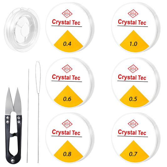 Elastic Bracelet String Cord 6 Rolls Clear String for Bracelets Crystal Invisible String 0.4mm,0.5mm,0.6mm,0.7mm,0.8mm,1mm Beading String Jewelry Making Supplies with Beading Needles and Scissor