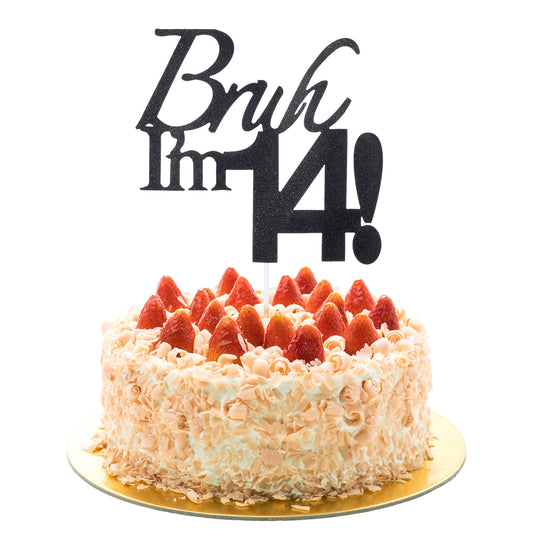 Bruh I'm 14 Cake Topper, Black Glitter Birthday Decorations For Teens, Funny 14 Year Old Party Supplies, Cake Decor, 16th Birthday Celebration(Bruh I'm 14！)