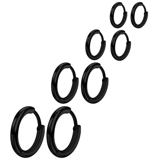 Stainless Steel Hoop Earrings Set 4 Pairs Black Hoop Earrings Hypoallergenic Huggie Small Gold Earrings for Women Men 6/8/10/12mm (Black)