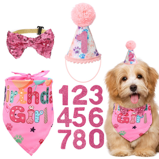 Dog Birthday Bandana, "Birthday Girl" Dog Birthday Hat Girl Dogs Party Birthdays Numbers Hat Bow Tie for Pet Puppy Cat Birthdays Party Decorations, Pet Costumes Headwear Accessories(Pink F)