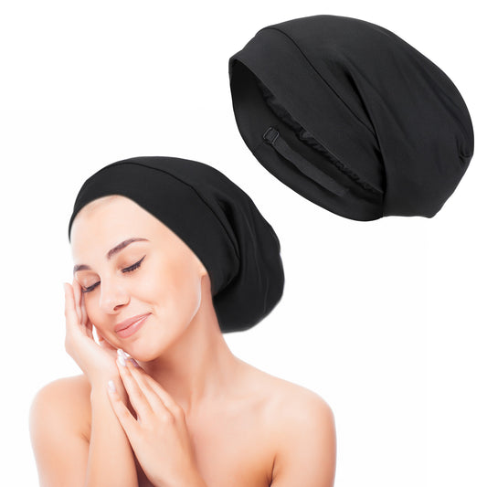 Telooco Adjustable Satin Hair Bonnet for Sleeping Black Double Layer Silk Bonnet for Sleeping Women Hair Bonnets for Women Sleeping, Silk Satin Lined Beanie for Curly Braid Dreadlock Hair (10.4x11.6)